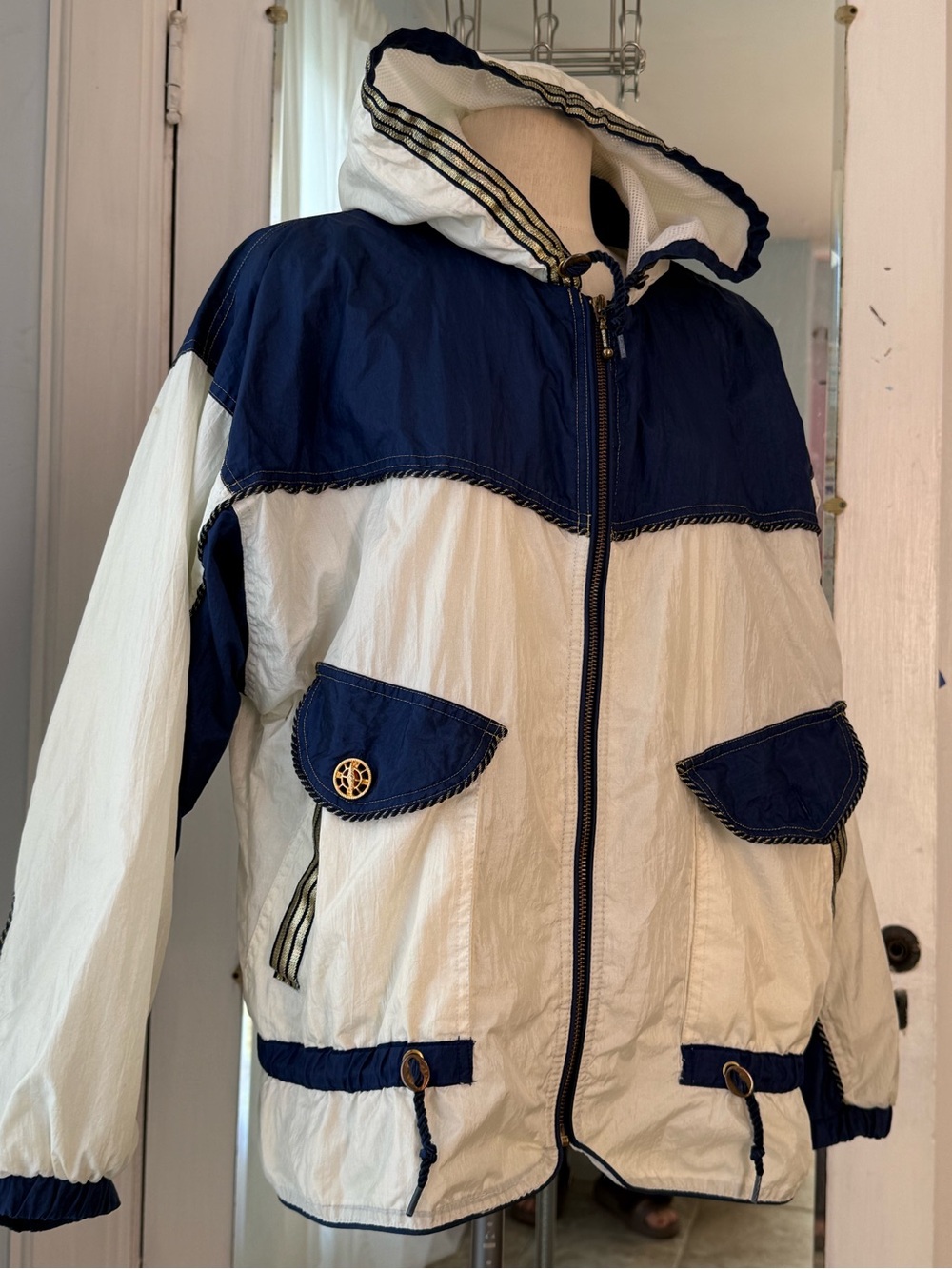 Vintage Womens Navy and White Hooded Jacket